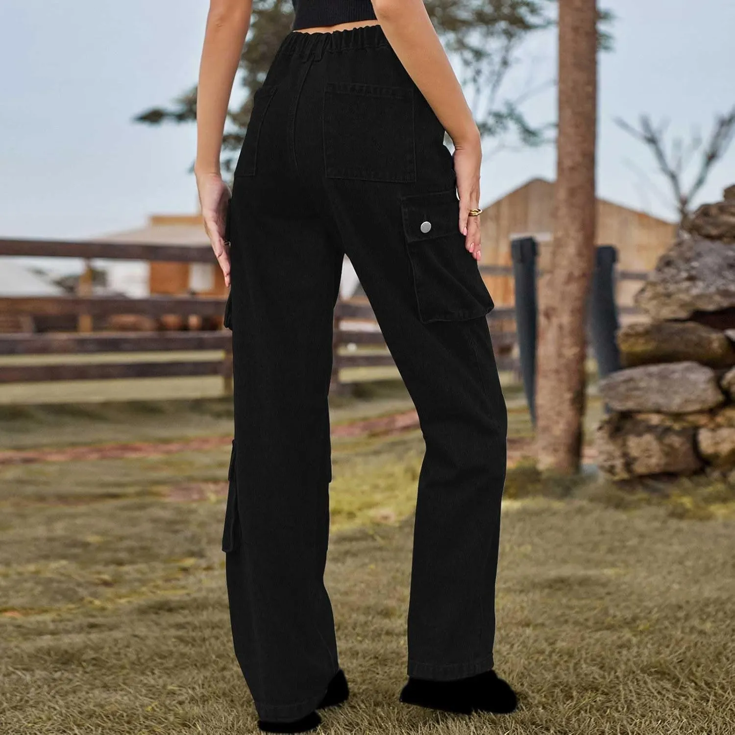 SMIDOW High Waist Denim Cargo Pants for Women Casual Baggy Straight Wide Leg Pants Trendy Y2K Streetwear Jeans