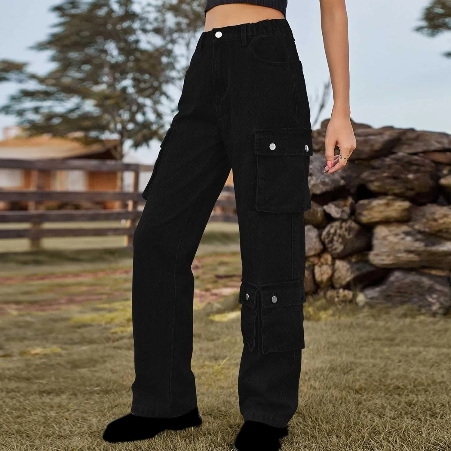 SMIDOW High Waist Denim Cargo Pants for Women Casual Baggy Straight Wide Leg Pants Trendy Y2K Streetwear Jeans