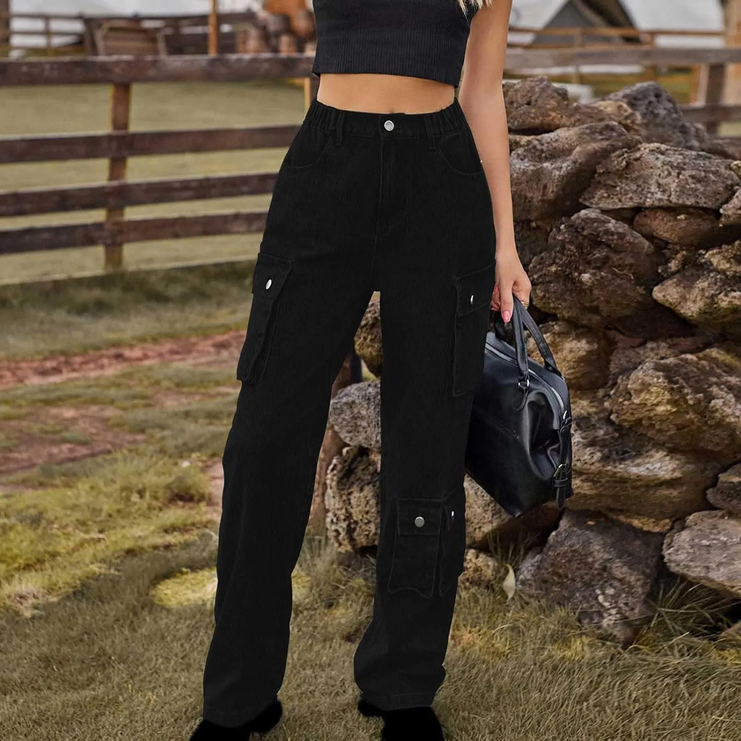 SMIDOW High Waist Denim Cargo Pants for Women Casual Baggy Straight Wide Leg Pants Trendy Y2K Streetwear Jeans
