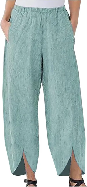 SMIDOW Womens Elastic High Waist Cotton Pants with Pockets Dressy Casual Loose Cropped Pant Comfy Lounge Trousers