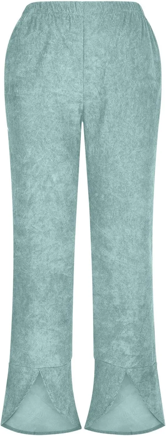SMIDOW Womens Elastic High Waist Cotton Pants with Pockets Dressy Casual Loose Cropped Pant Comfy Lounge Trousers