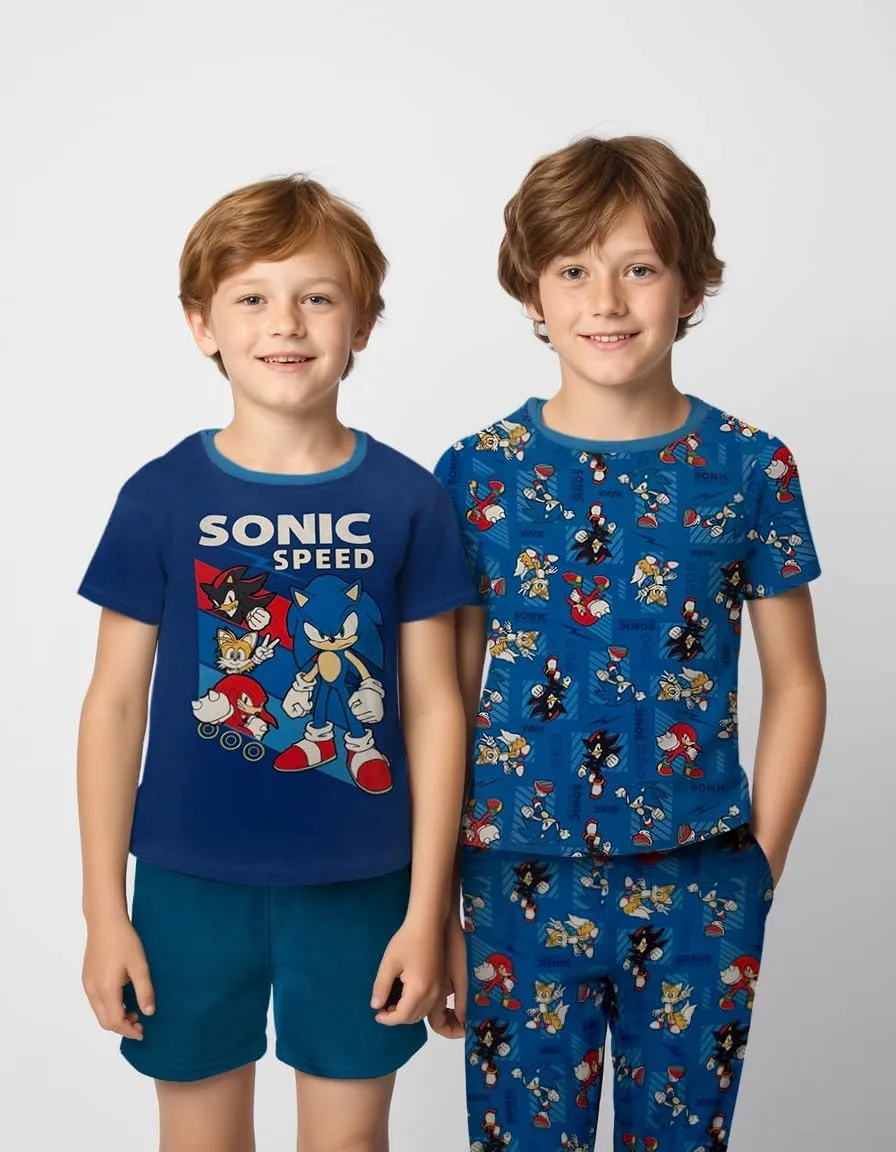 Sonic The Hedgehog 4 Piece Pajama Set - Boys PJs Short Sleeve Shirt, Shorts & Pants - Kids Sleepwear Set - Official License