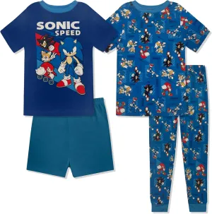 Sonic The Hedgehog 4 Piece Pajama Set - Boys PJs Short Sleeve Shirt, Shorts & Pants - Kids Sleepwear Set - Official License
