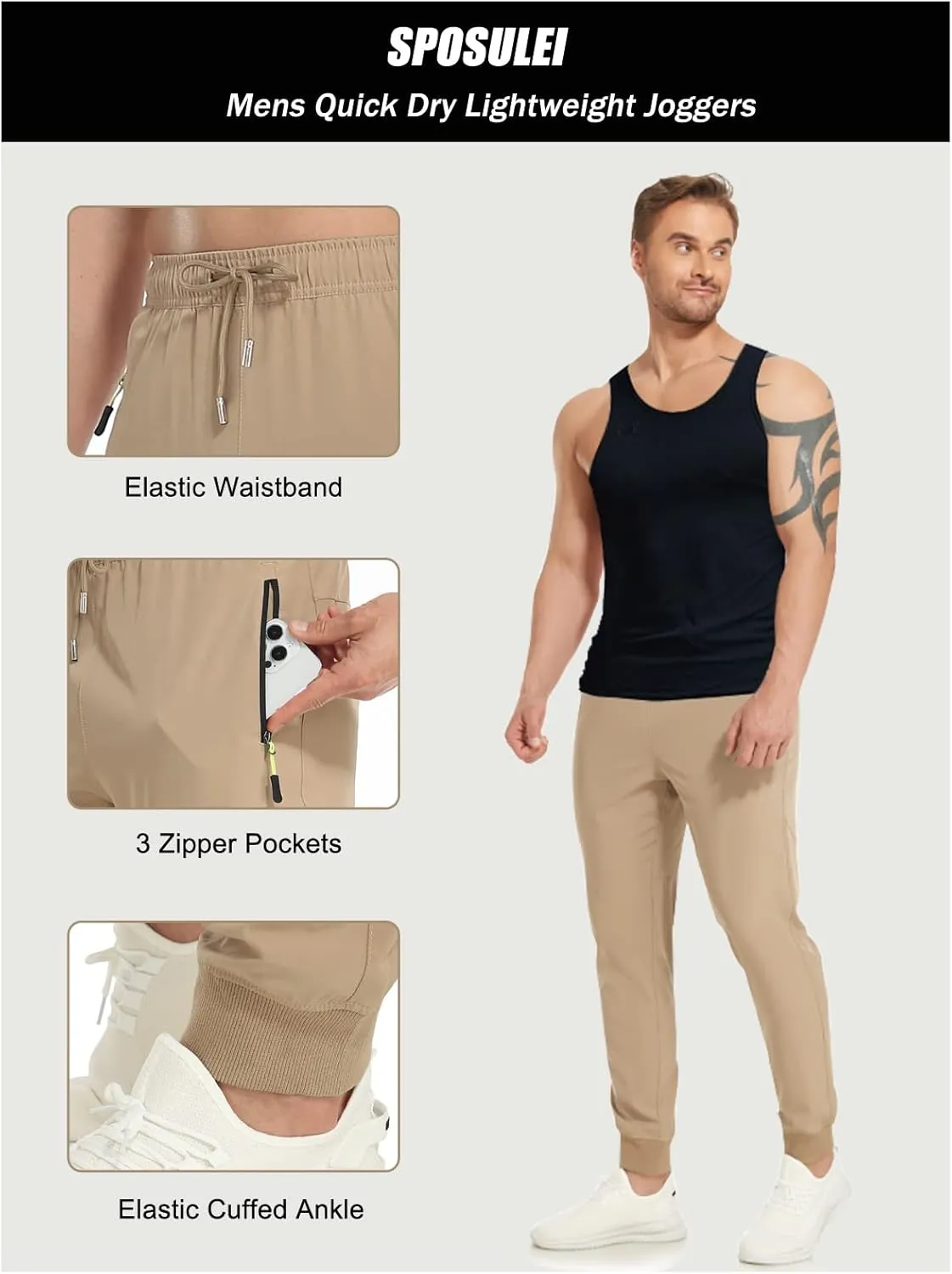 SPOSULEI Mens Joggers Lightweight Athletic Hiking Pants Quick Dry Running Track Gym Sweatpants with Zipper Pockets