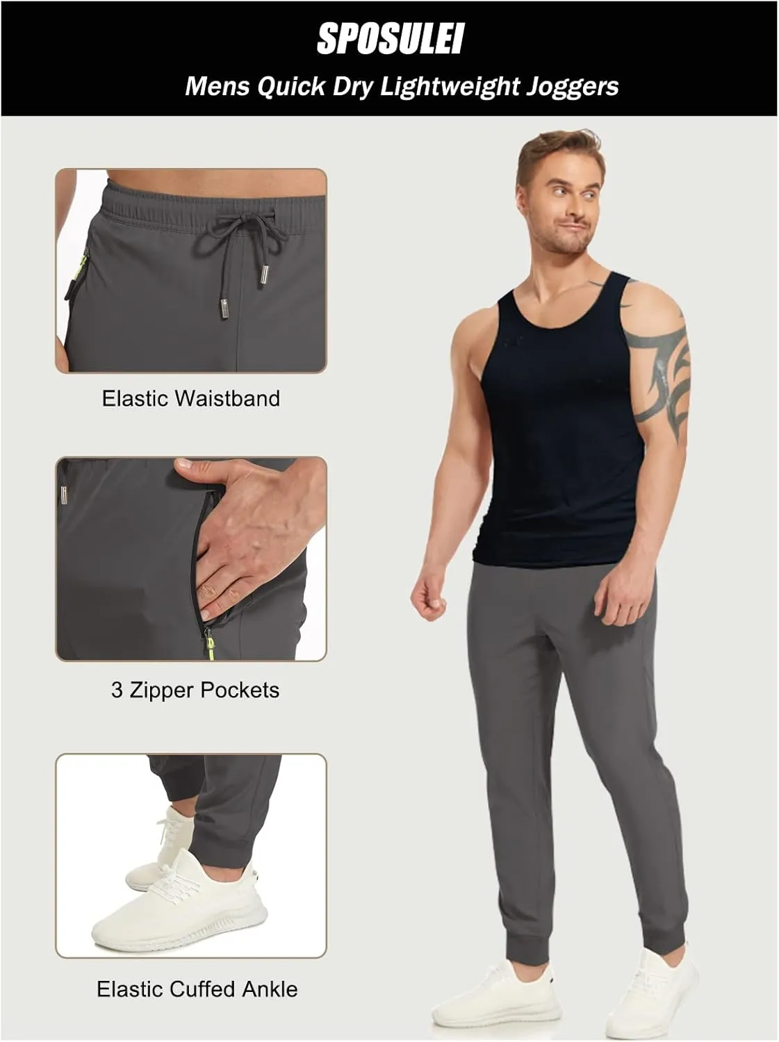 SPOSULEI Mens Joggers Lightweight Athletic Hiking Pants Quick Dry Running Track Gym Sweatpants with Zipper Pockets