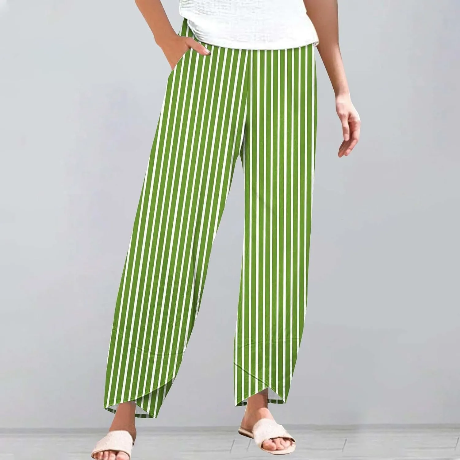 Striped Linen Pants Women 2025 Plus Size Wide Leg Cropped Pants Summer High Waist Lightweight Trousers with Pockets