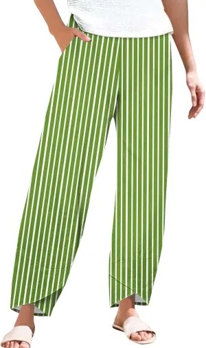Striped Linen Pants Women 2025 Plus Size Wide Leg Cropped Pants Summer High Waist Lightweight Trousers with Pockets