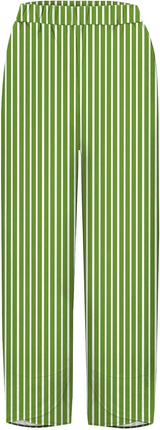 Striped Linen Pants Women 2025 Plus Size Wide Leg Cropped Pants Summer High Waist Lightweight Trousers with Pockets
