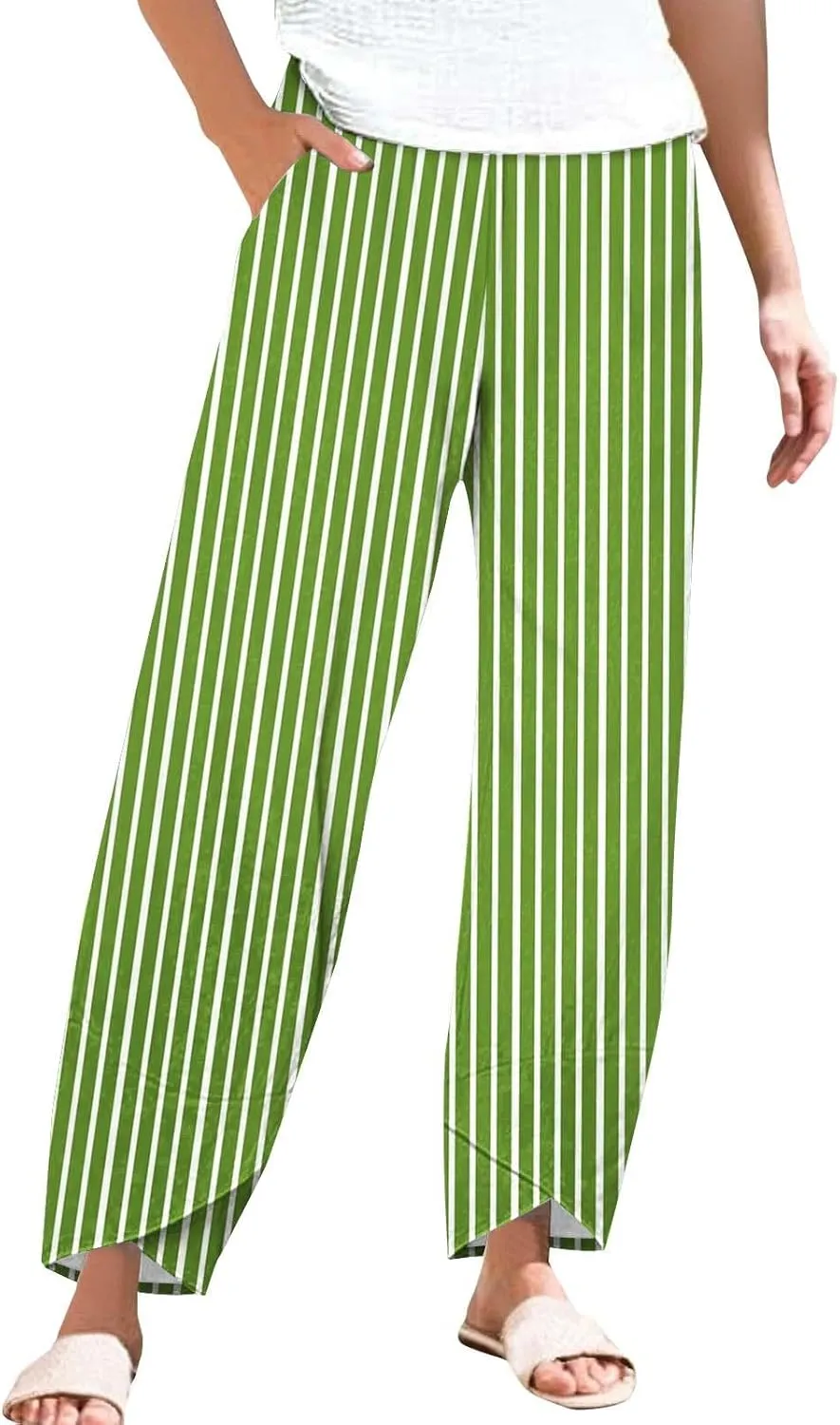 Striped Linen Pants Women 2025 Plus Size Wide Leg Cropped Pants Summer High Waist Lightweight Trousers with Pockets