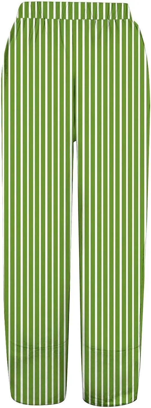 Striped Linen Pants Women 2025 Plus Size Wide Leg Cropped Pants Summer High Waist Lightweight Trousers with Pockets