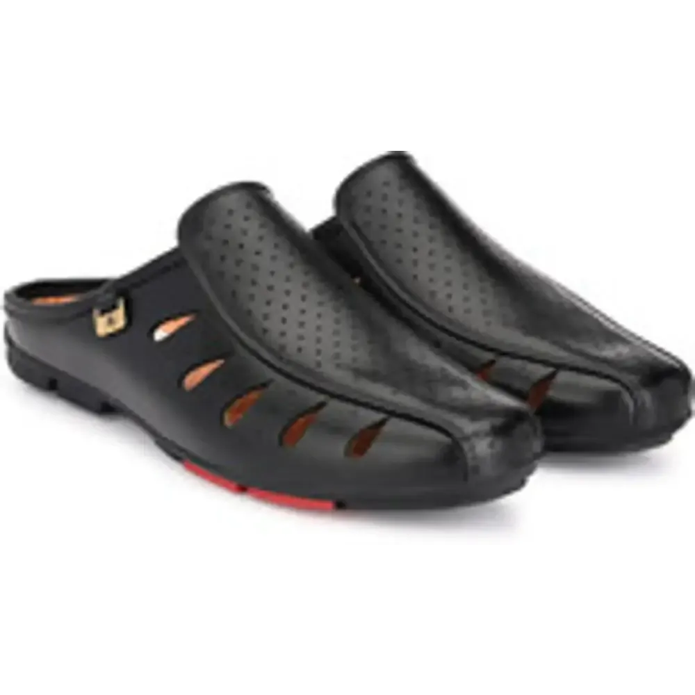 Stylish Black Synthetic Self Design Slip-On Mules For Men