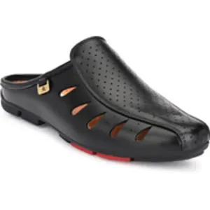 Stylish Black Synthetic Self Design Slip-On Mules For Men