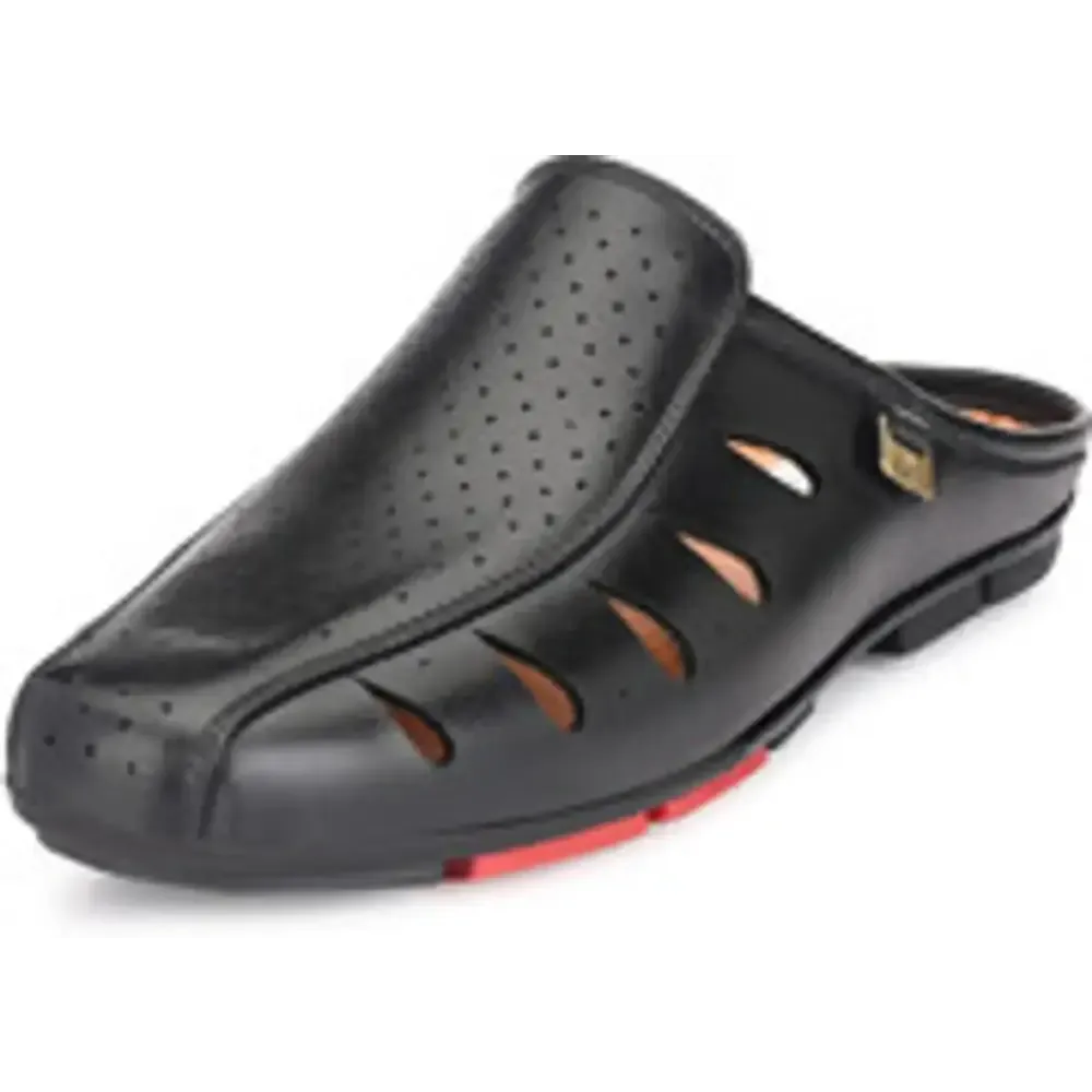 Stylish Black Synthetic Self Design Slip-On Mules For Men