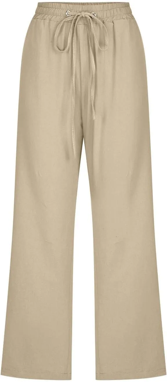 Summer Linen Capris for Women Casual Loose Wide Leg Trousers with Pockets Lightweight High Waisted Cropped Pants