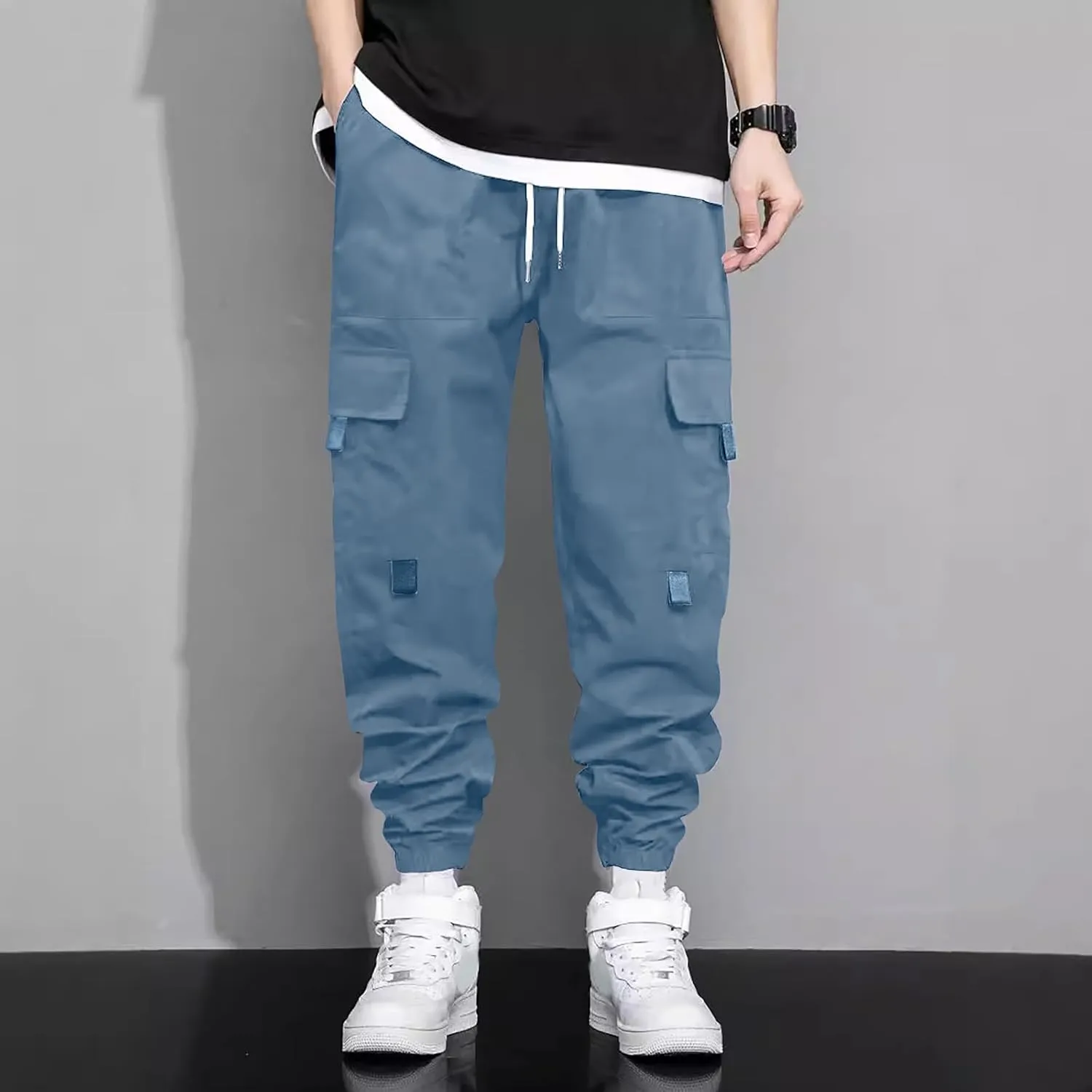 Sweatpants for Men Sports Tapered Combat Jogger Mens Solid Color Split Stretchy Joggers Regular Elastic Waist Cargo