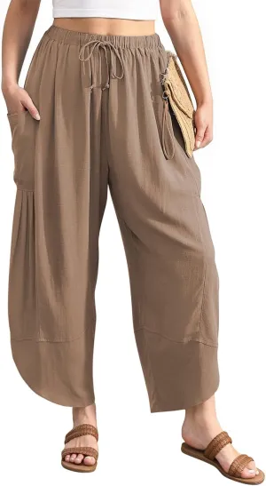 TARSE Women's Linen Harem Pants Casual Loose Drawstring Elastic Waist Summer Beach Travel Vacation with Pockets