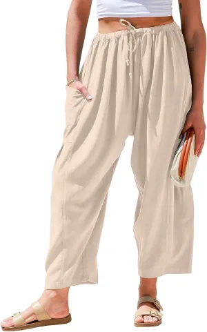 TARSE Womens Linen Wide Leg Pants Casual Loose Drawstring Summer Beach Travel Vacation Palazzo Harem Pants with Pockets