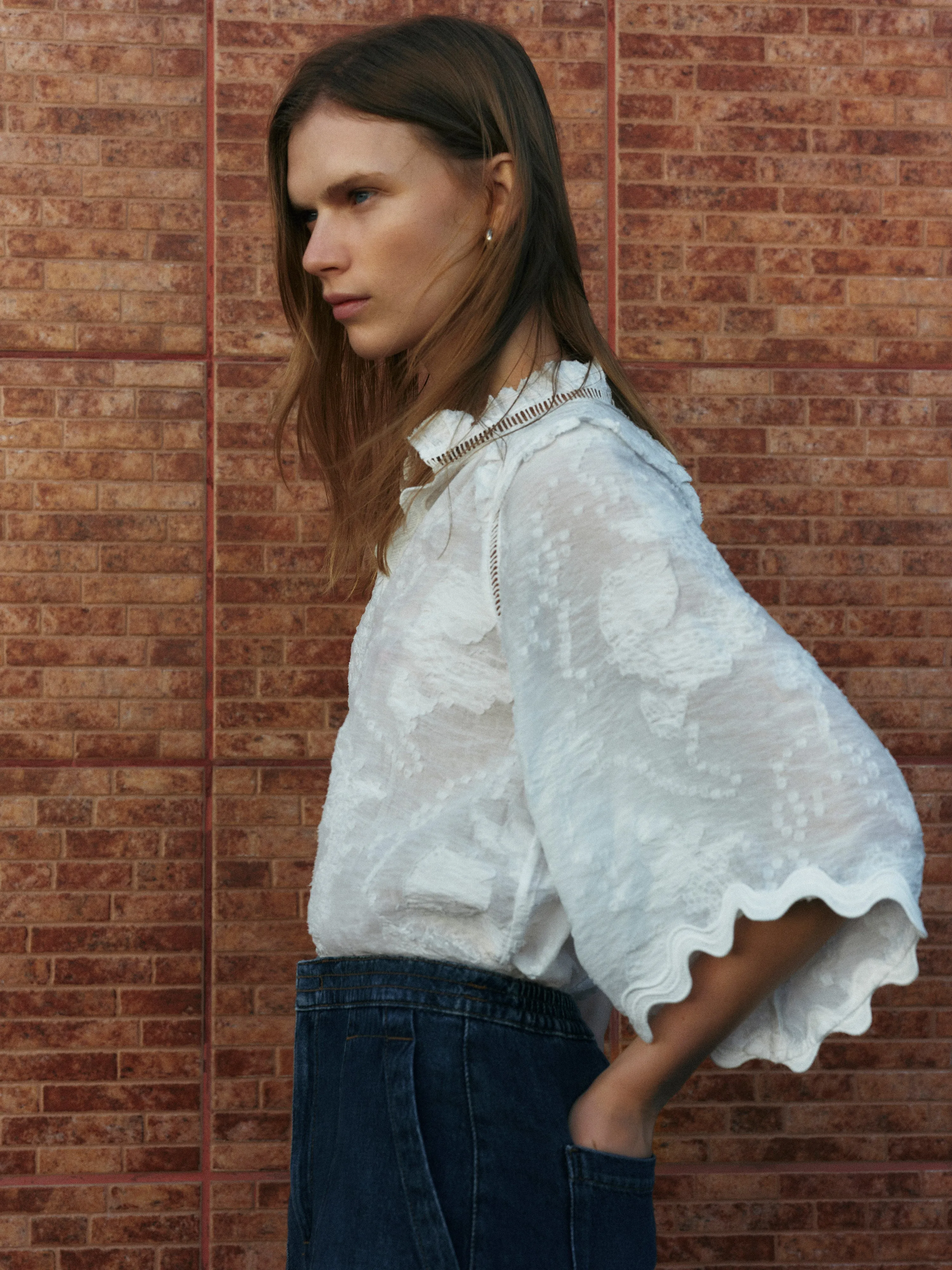 Textured Jacquard Frill Top | White