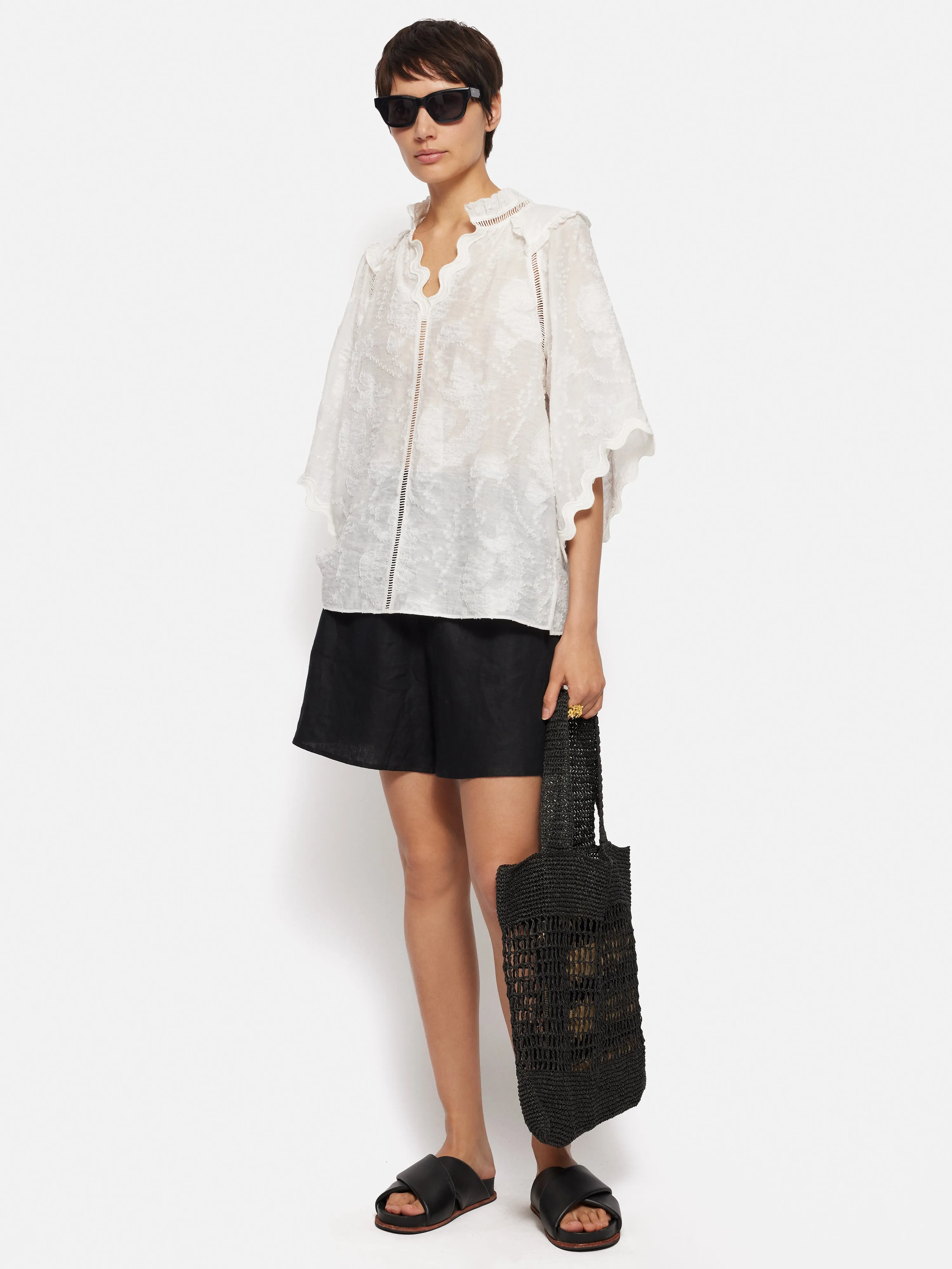 Textured Jacquard Frill Top | White