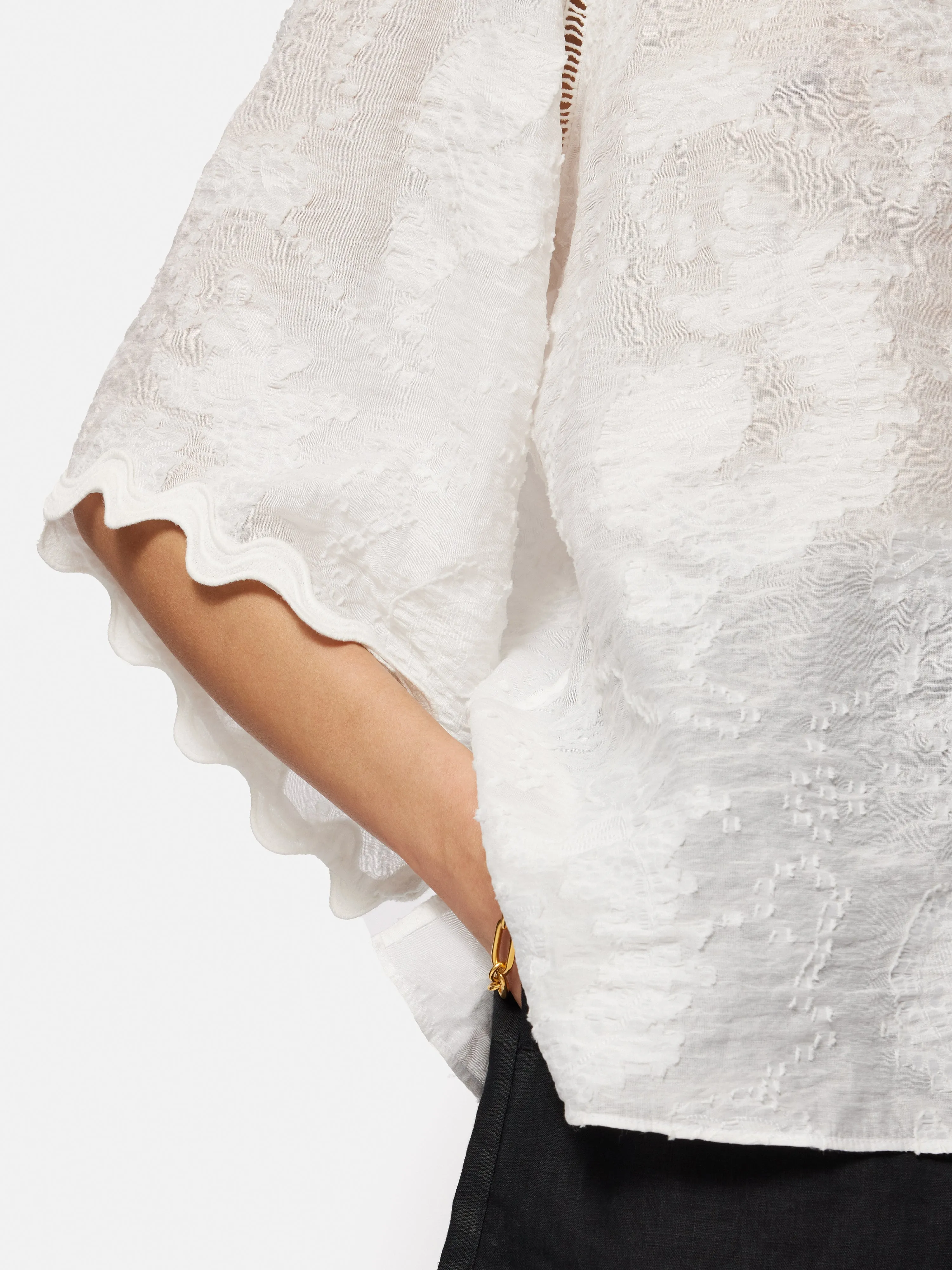 Textured Jacquard Frill Top | White