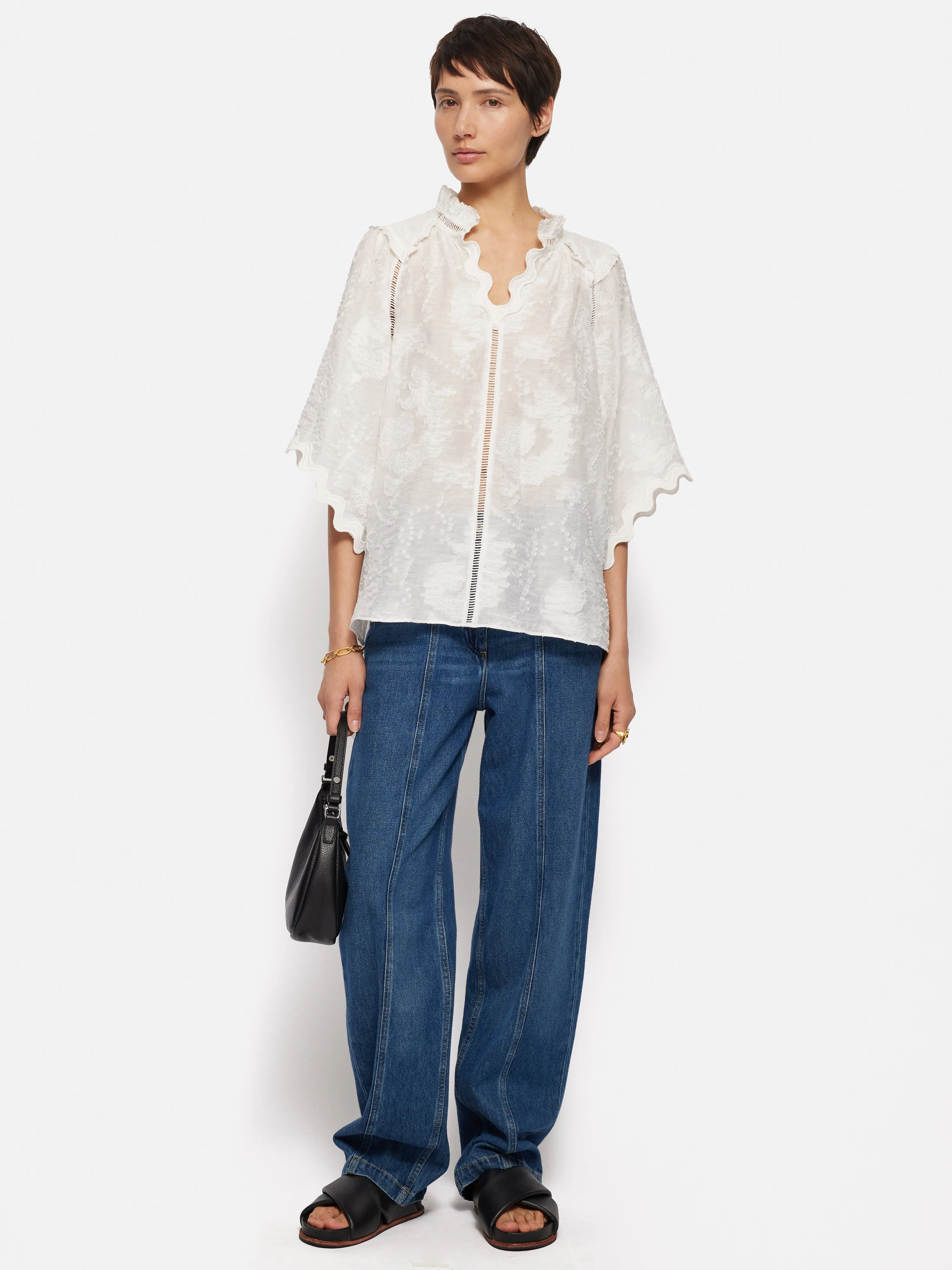 Textured Jacquard Frill Top | White