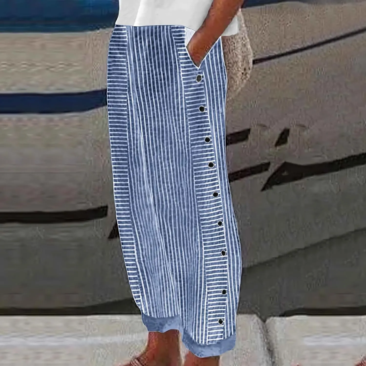 TIAFORD Womens Summer Stripe Linen Pants Casual Side Button Elastic Waisted Lightweight Loose Trousers with Pockets