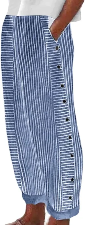TIAFORD Womens Summer Stripe Linen Pants Casual Side Button Elastic Waisted Lightweight Loose Trousers with Pockets