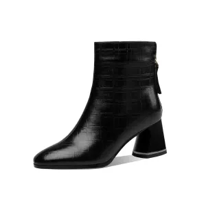 TinaCus Women's Pointed Toe Genuine Leather Handmade Back Zipper Mid Chunky Heels Stylish Ankle Boots