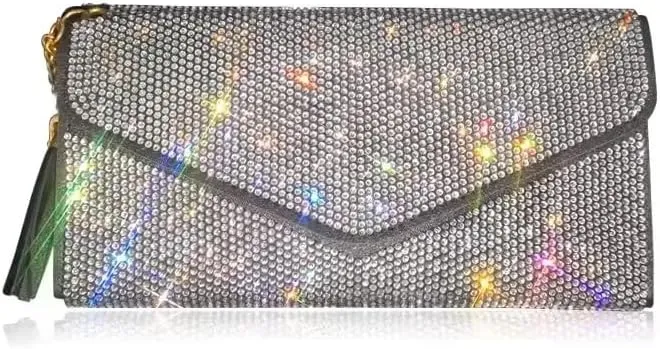 TISHAA Glamorous Crystal Rhinestone Wallet for Women with Gold Heart Charm and Black Tassel  Luxury Leather Wallet with Zippered Coin Pocket and Multiple Card Slots (White)