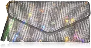 TISHAA Glamorous Crystal Rhinestone Wallet for Women with Gold Heart Charm and Black Tassel  Luxury Leather Wallet with Zippered Coin Pocket and Multiple Card Slots (White)