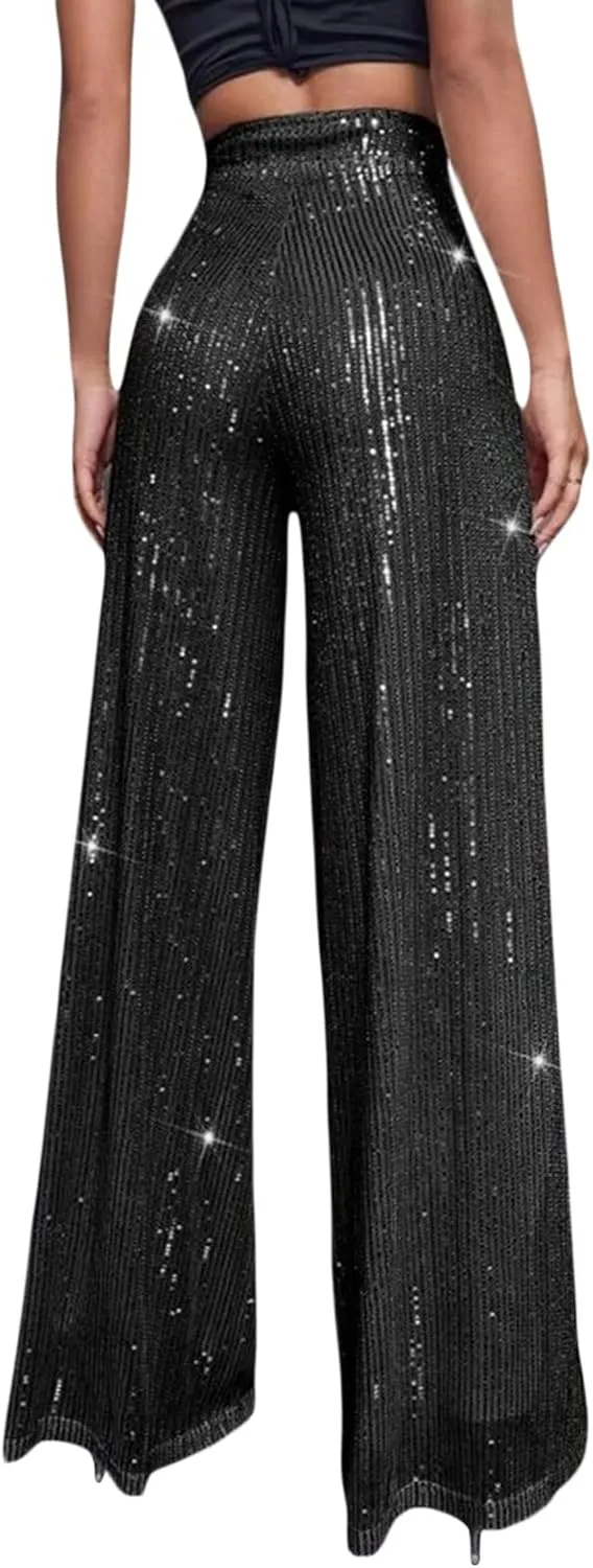 Tkuycn Women's Sexy Metallic Sparkly Wide Leg Pants Trousers Flared Pants Night Out Clubwear