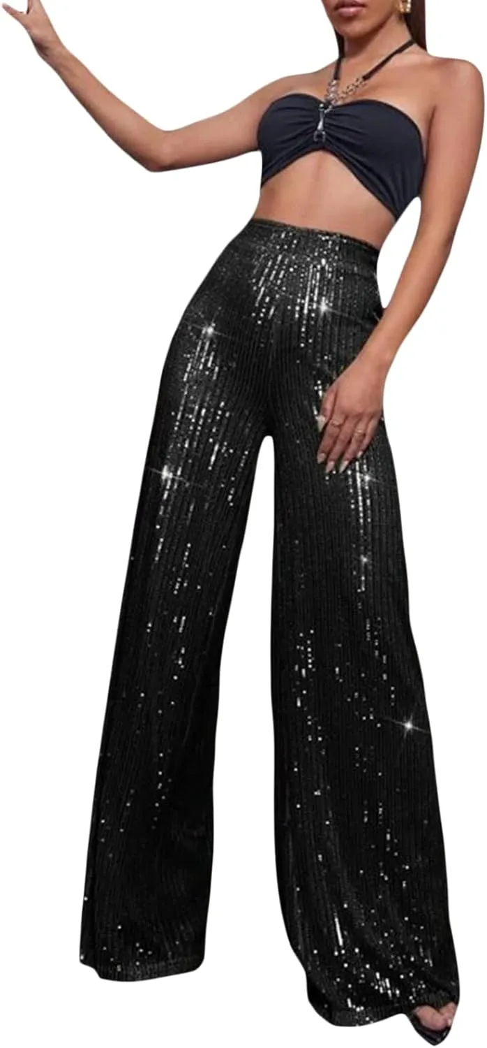 Tkuycn Women's Sexy Metallic Sparkly Wide Leg Pants Trousers Flared Pants Night Out Clubwear