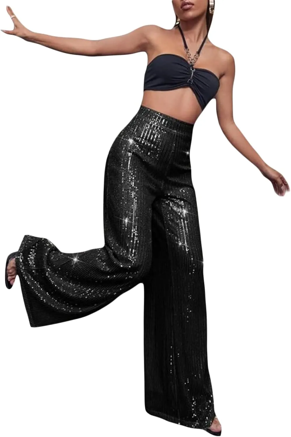 Tkuycn Women's Sexy Metallic Sparkly Wide Leg Pants Trousers Flared Pants Night Out Clubwear