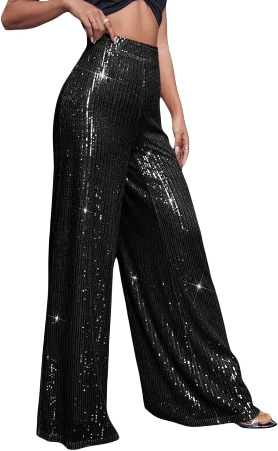 Tkuycn Women's Sexy Metallic Sparkly Wide Leg Pants Trousers Flared Pants Night Out Clubwear