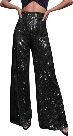 Tkuycn Women's Sexy Metallic Sparkly Wide Leg Pants Trousers Flared Pants Night Out Clubwear