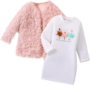 Toddler Shaggy Faux Fur Outwear Little Girls Coat Fleece Jacket Long Sleeve with Long Sleeve Dress Dancer Print Skirt