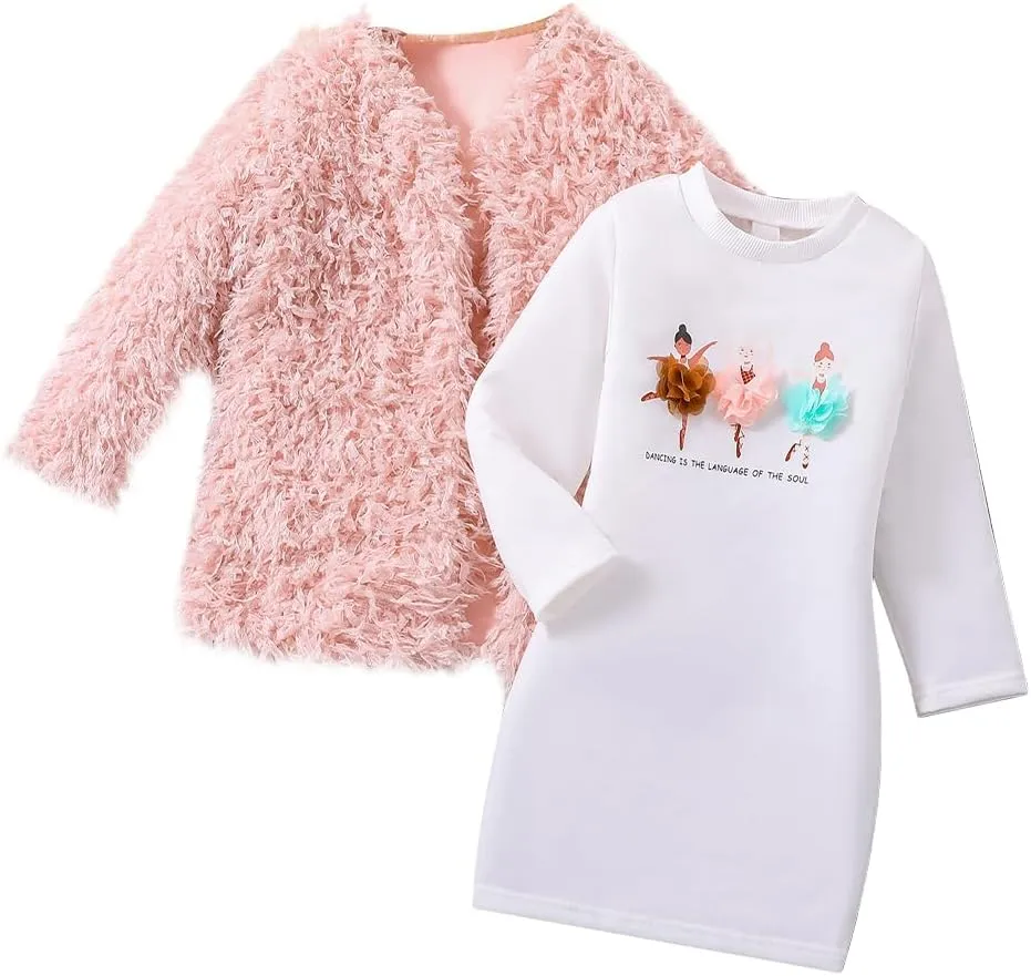 Toddler Shaggy Faux Fur Outwear Little Girls Coat Fleece Jacket Long Sleeve with Long Sleeve Dress Dancer Print Skirt