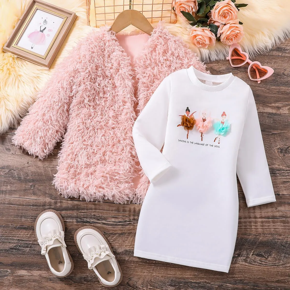 Toddler Shaggy Faux Fur Outwear Little Girls Coat Fleece Jacket Long Sleeve with Long Sleeve Dress Dancer Print Skirt