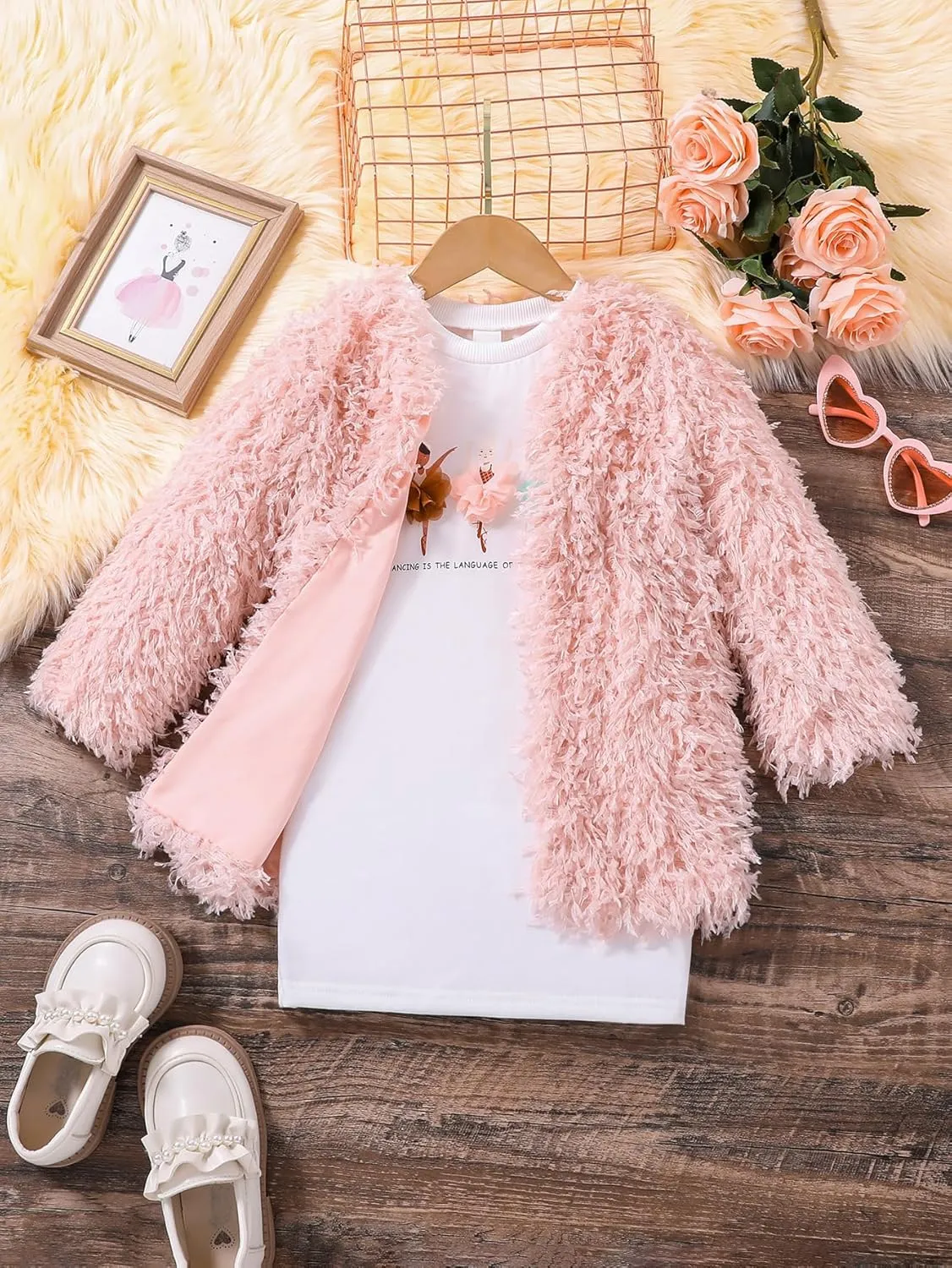 Toddler Shaggy Faux Fur Outwear Little Girls Coat Fleece Jacket Long Sleeve with Long Sleeve Dress Dancer Print Skirt