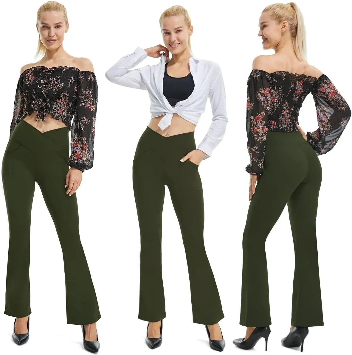 TOPYOGAS Womens Casual Flare Leggings with Pocket Bootleg Yoga Pants Crossover Hight Waisted Workout Pants