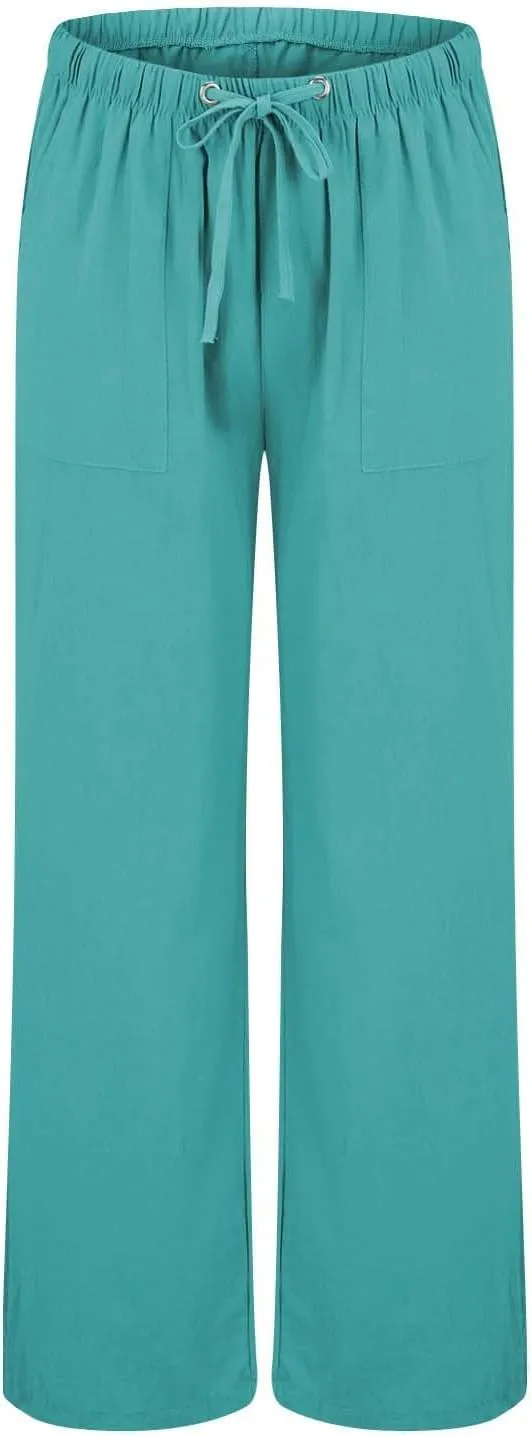 Trendy Outfits for Women 2025 Summer High Waisted Cotton Linen Palazzo Wide Leg Long Lounge Pant Trousers with Pockets