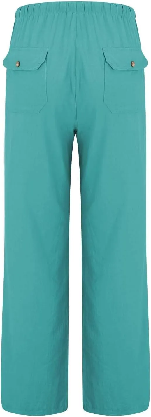 Trendy Outfits for Women 2025 Summer High Waisted Cotton Linen Palazzo Wide Leg Long Lounge Pant Trousers with Pockets
