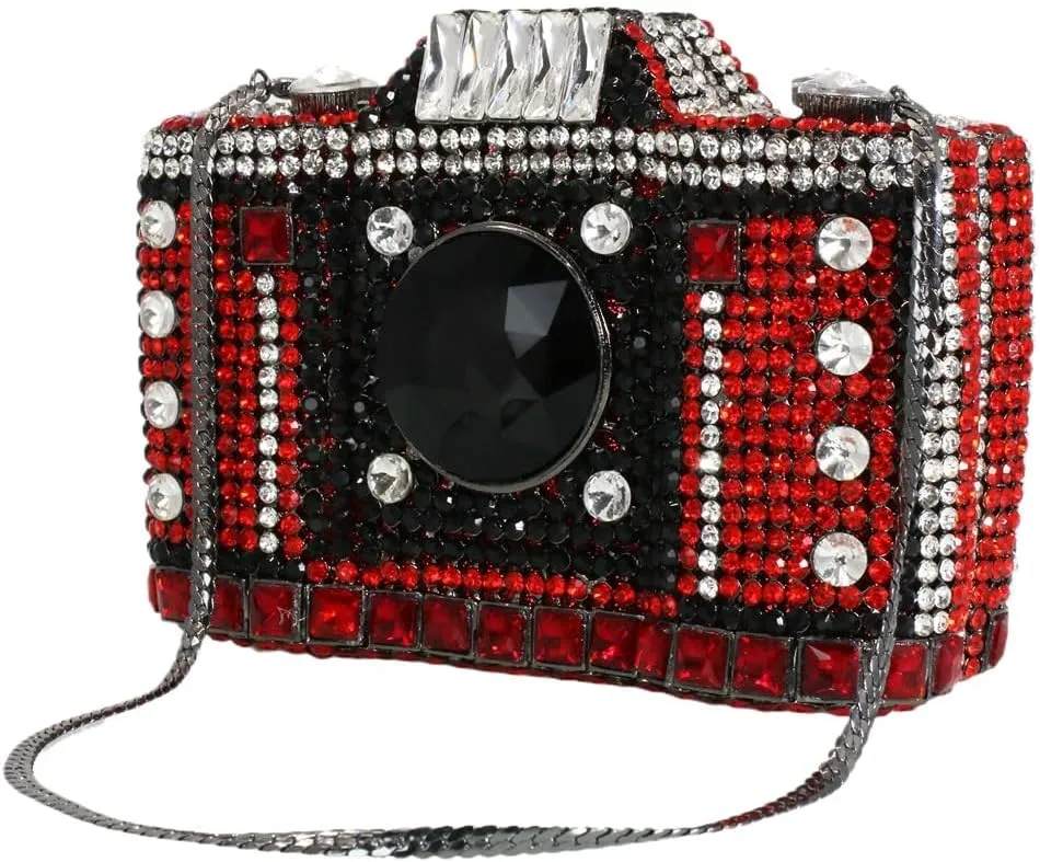UMREN Novelty Crystal Camera Shaped Clutch Purse for Women Sparkly Rhinestones Evening Clutch Bag Glitter Bridal Prom Handbag