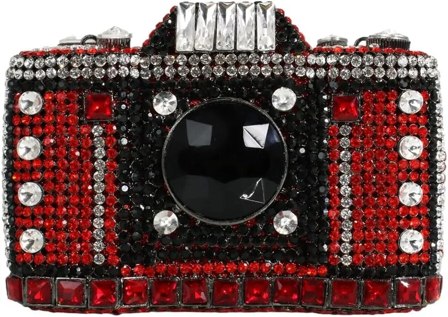 UMREN Novelty Crystal Camera Shaped Clutch Purse for Women Sparkly Rhinestones Evening Clutch Bag Glitter Bridal Prom Handbag