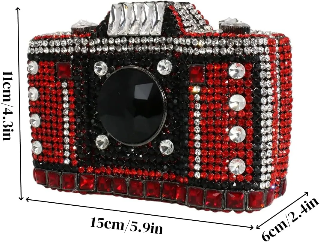 UMREN Novelty Crystal Camera Shaped Clutch Purse for Women Sparkly Rhinestones Evening Clutch Bag Glitter Bridal Prom Handbag