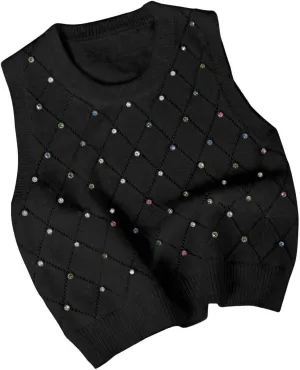Verdusa Women's Casual Rhinestone Sweater Vest Round Neck Sleeveless Knit Tops