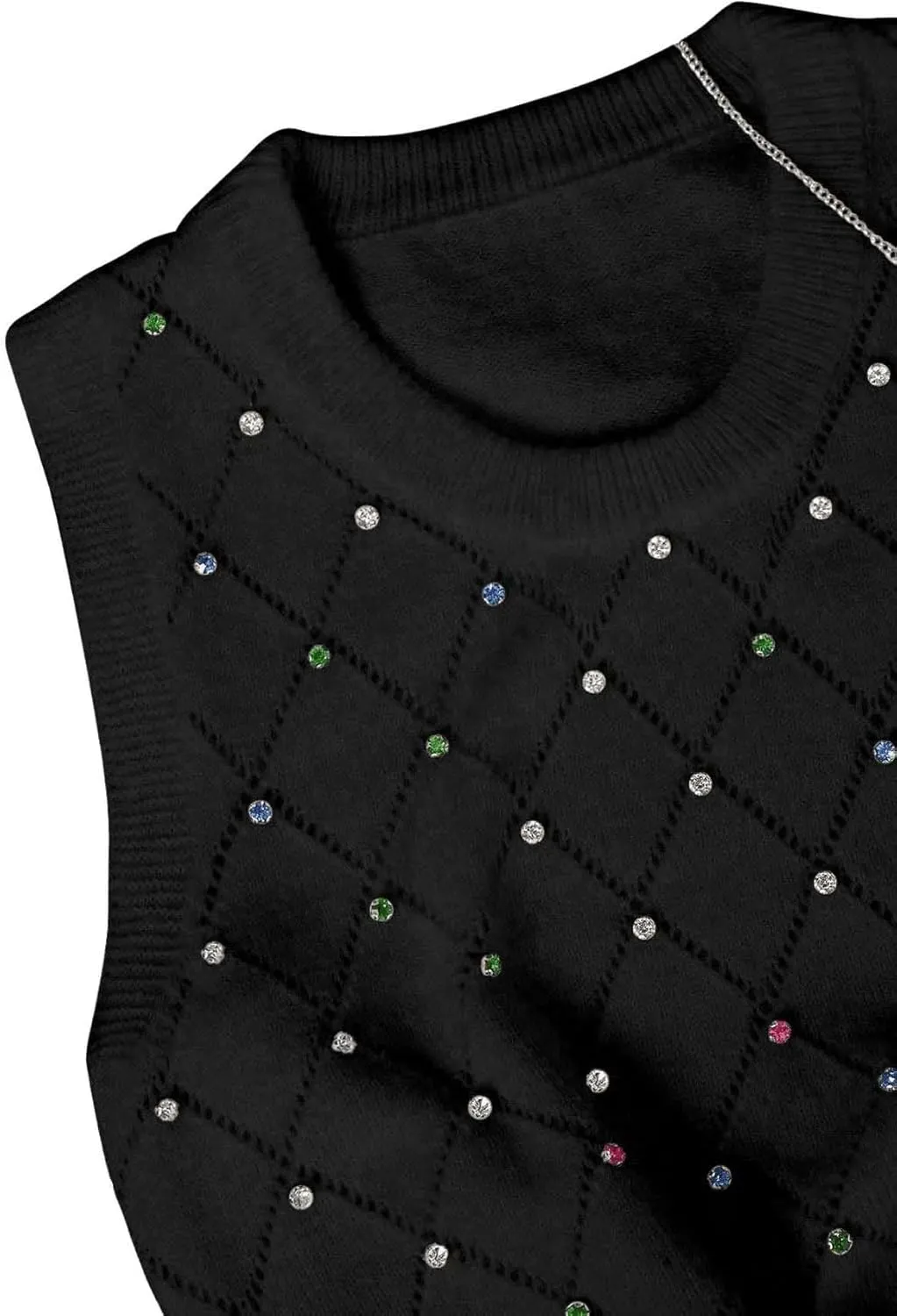 Verdusa Women's Casual Rhinestone Sweater Vest Round Neck Sleeveless Knit Tops