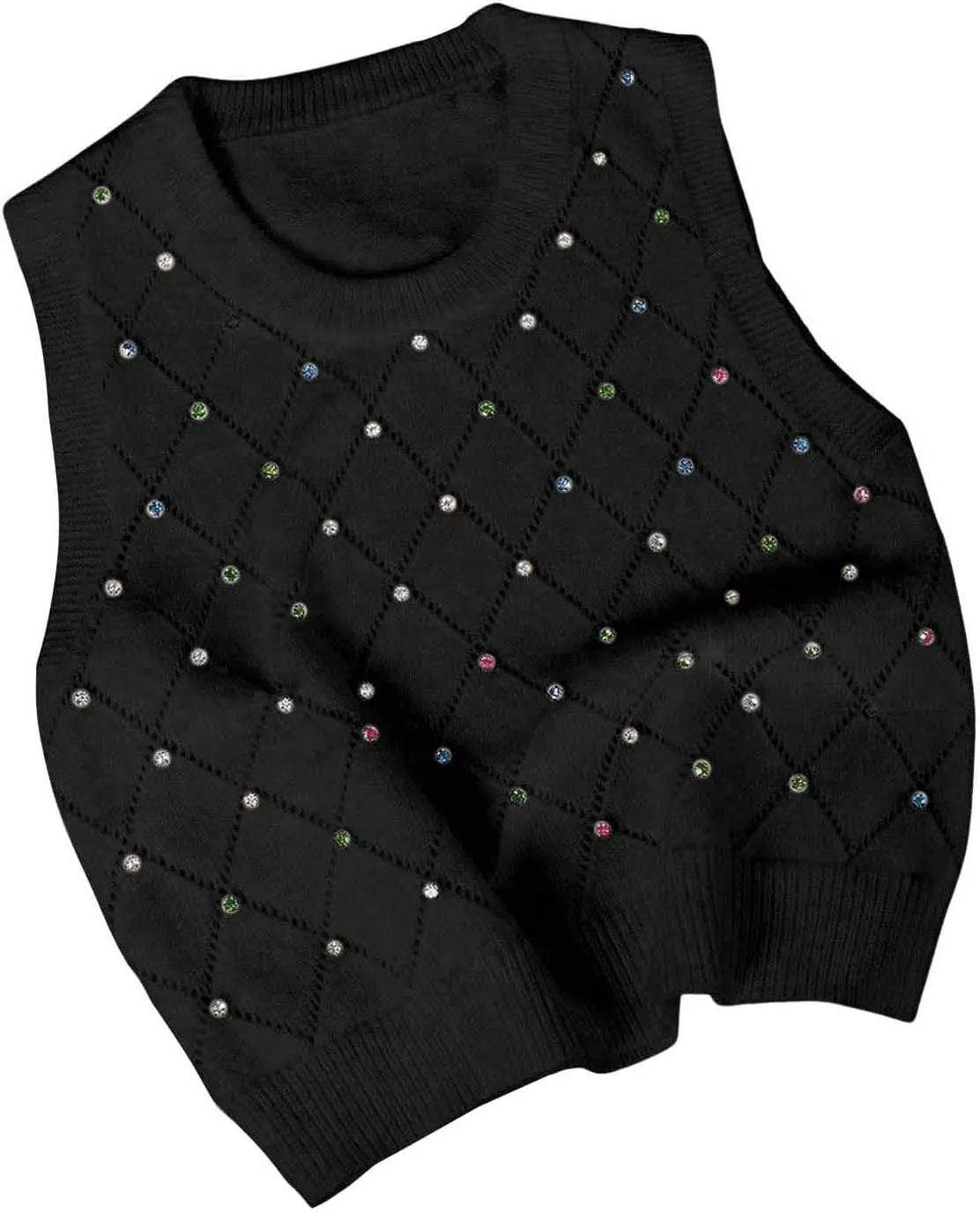 Verdusa Women's Casual Rhinestone Sweater Vest Round Neck Sleeveless Knit Tops