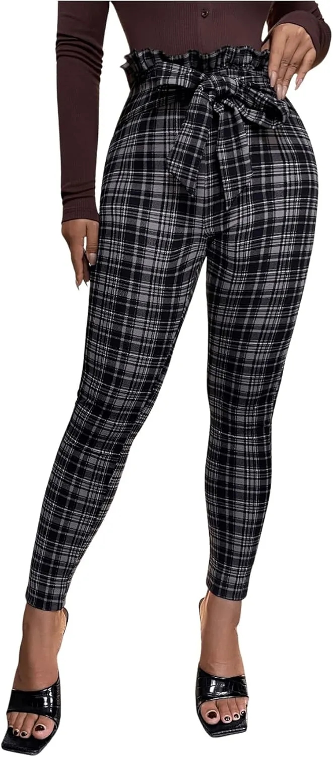 WDIRARA Women's Plaid Paperbag Waist Tie Front Stretch Belted Skinny Pants