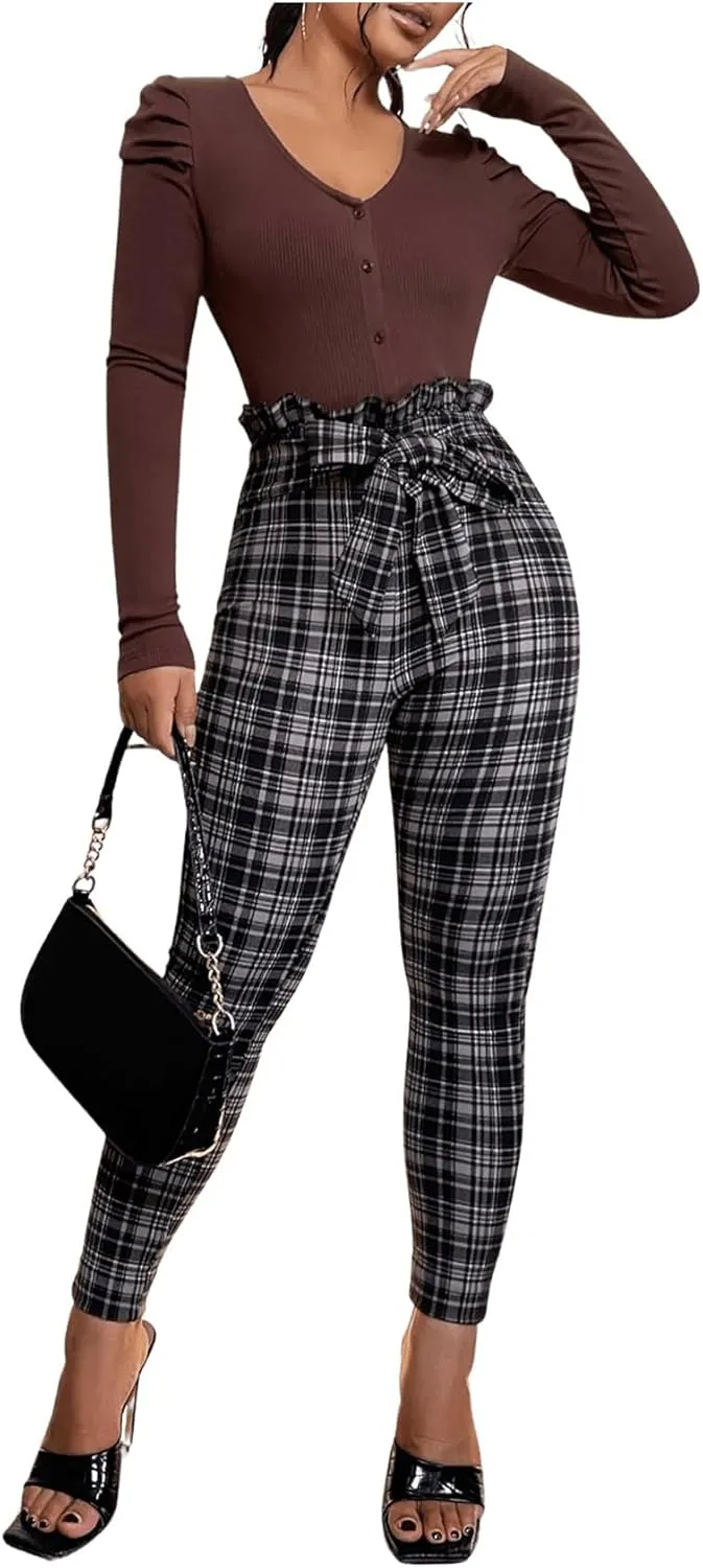 WDIRARA Women's Plaid Paperbag Waist Tie Front Stretch Belted Skinny Pants